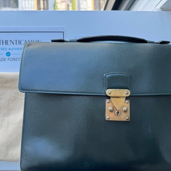 LOUIS VUITTON Business Bag Serviette Green Leather Briefcase. Authentic - Picture 5 of 11